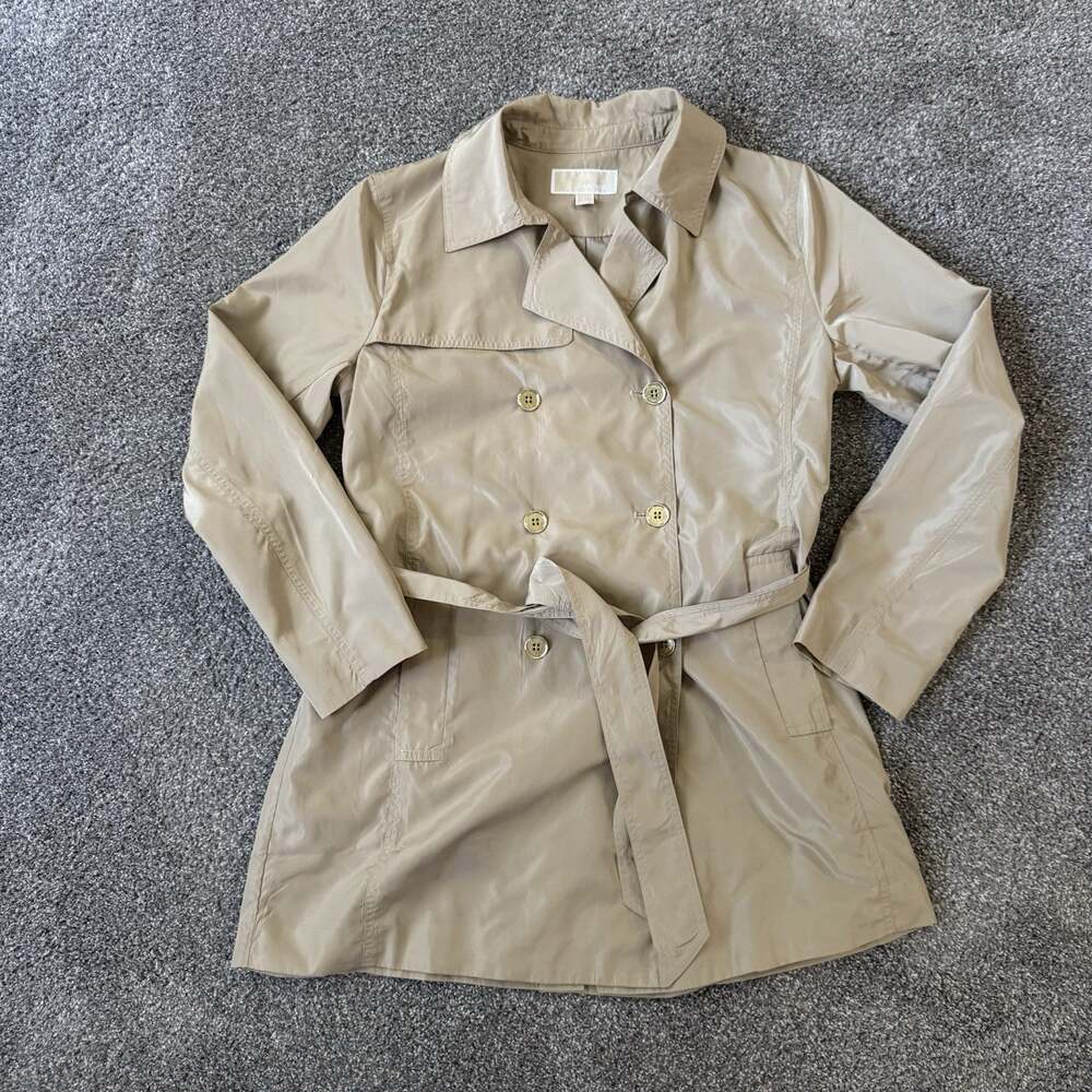 MICHAEL Michael Kors Womens L Beige Trench Coat Belted Double Breasted Raincoat